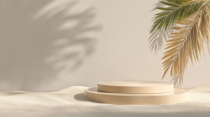 “Summer-themed 3D podium with ocean and sand, pastel beige background, and palm leaf shadows. Ideal for cosmetic product mockups.”