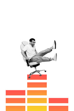 Fototapeta Banner 3d sketch image collage of happy businessman sit chair chart development growth statistics aim achievement progress