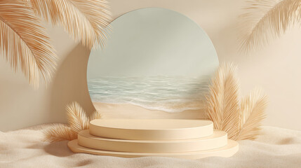 “Summer-themed 3D podium with ocean and sand, pastel beige background, and palm leaf shadows. Ideal for cosmetic product mockups.”