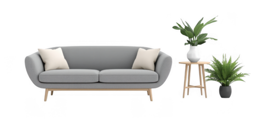 Modern living room interior with a gray sofa, side table, and plants isolated on transparent background