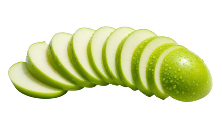 Freshly sliced green apple revealing crisp texture and vibrant color transparent background