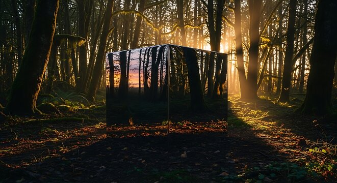 A mirrored cube sits in a forest clearing, reflecting a sunset's colors amidst the trees, bathed in golden light