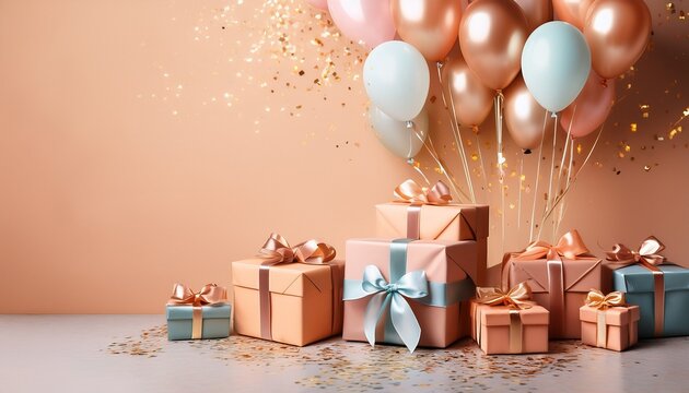 pastel balloons and gift boxes with confetti on a light peach background birthday celebration - Powered by Adobe