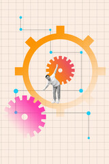 Vertical 3d artwork poster collage of shocked businessman stand gearwheel optimization purpose achievement chance promotion