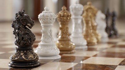 an intricately carved black knight chess piece, standing in a line of other opulent white, gold, and silver pieces on a polished brown and beige marble chessboard.