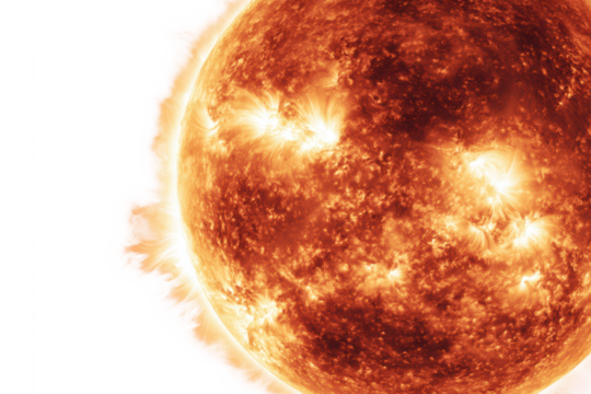 hot sun with sunflare und fire storm on surface isolated on white or transparent png