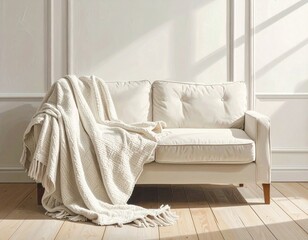 Sunlit Close-Up of a Minimalist White Sofa with a Cozy Fringed Throw