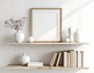 Double Wooden Shelf Mockup with Vertical Frame, White Vases, and Books