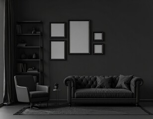 Moody Dark Interior with Tufted Chesterfield Sofa and Gallery Wall Mockup