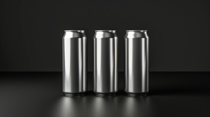 Three blank silver aluminum beverage cans in a row on a dark background. Product packaging mockup template for branding and design