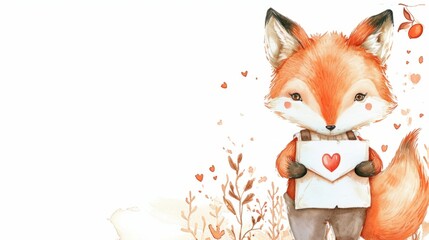 A cute watercolor illustration of a fox holding a love letter. Adorable animal character with a heart for Valentine's Day. Greeting card design with copy space