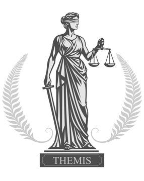 Vector illustration of Themis, Lady Justice Femida,
 the classical goddess of fairness and law,
 in a black and white silhouette style.