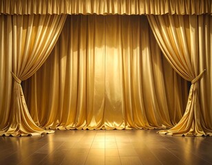 Grand Golden Theater Curtains with Tie-Backs and Dark Wood Floor