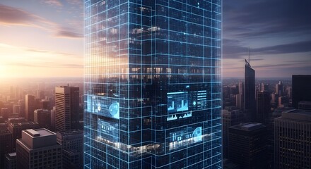 Futuristic Skyscraper with Digital Data Overlays in Cityscape at Sunset - Smart City Technology Concept