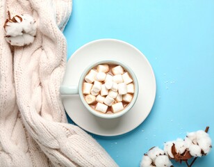 Cozy Winter Hot Chocolate with Marshmallows and Knit Blanket on Blue Background