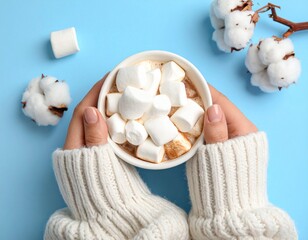 cup of coffee with marshmallows on blue background