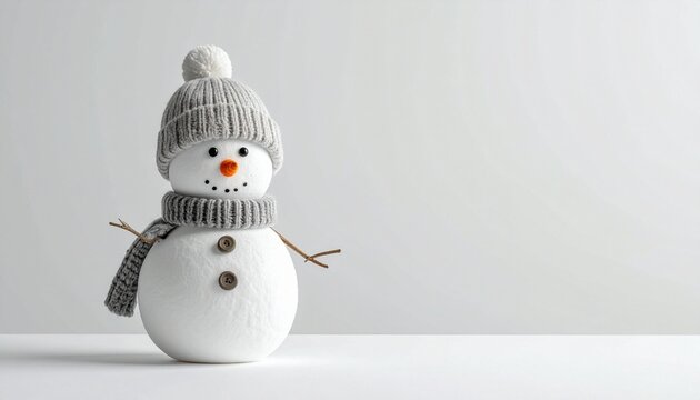 Knitted snowman figure with grey hat and brown scarf on white background. - Powered by Adobe