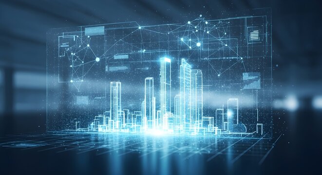 Futuristic Digital Cityscape Hologram with Network Connections and Data Visualizations, Blue Tones