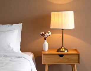 Cozy Evening Light from Simple Brass Table Lamp on Mid-Century Nightstand in Bedroom