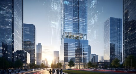 Futuristic Cityscape with Digital Network Overlay: Modern Skyscrapers, Urban Development, and Technology Integration