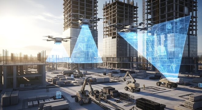 Futuristic construction site with drones and holographic blueprints, showcasing advanced technology and urban development.