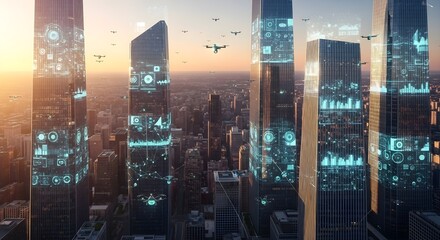 Futuristic Cityscape with Drones and Digital Data Overlays on Skyscrapers at Sunset