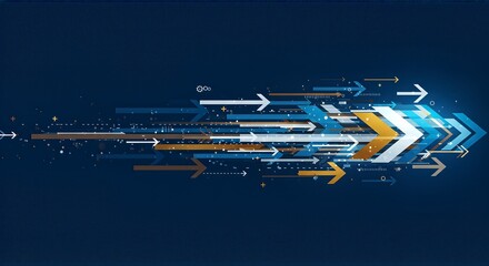 Dynamic digital streams of vibrant blue, white, and gold arrows surge forward on a deep navy background, signifying progress, innovation, and forward momentum for technology and business concepts.