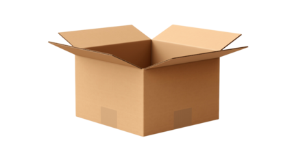 Open cardboard box, isolated on transparent background, revealing its empty interior, perfect for packaging, storage, or moving concepts, showcasing its simple design