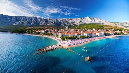 Fototapeta premium aerial view of vela plaza beach in baska town krk island croatia vela plaza beach baska town