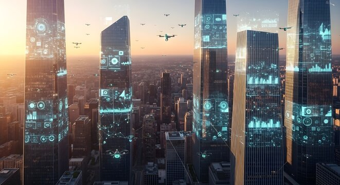 Futuristic Cityscape with Drones and Digital Data Overlays on Skyscrapers at Sunset