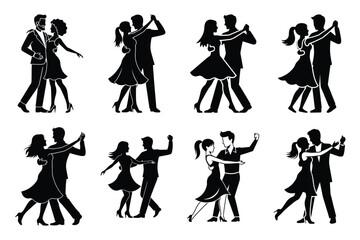 couple dancing silhouette valentine vector icon set.