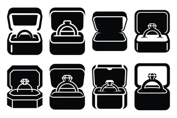 engagement ring box silhouette valentine vector icon set.