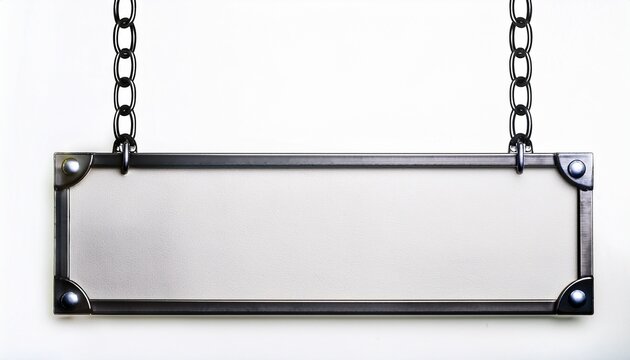 blank white rectangular hanging sign with black metal bar and chains isolated on white background copy space