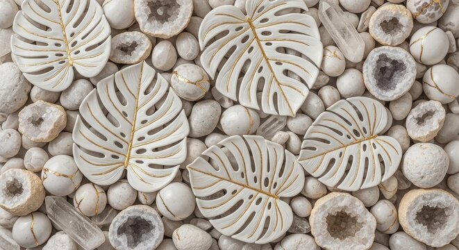 Kintsugi style white monstera leaves with gold cracks on white pebbles stones geode background. Luxury tropical nature texture wallpaper. Ideal spa wellness branding interior design posters.