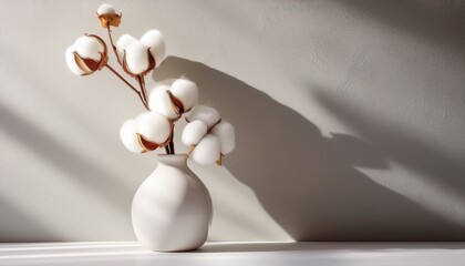 minimal ceramic white vase with cotton stems and long soft shadows on textured surface decor scene
