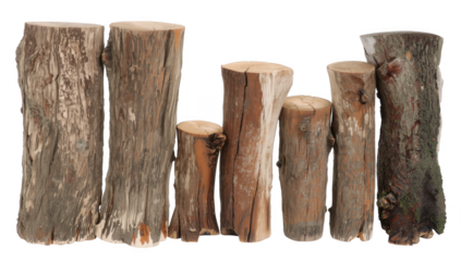 Group of weathered tree stumps arranged in a row isolated on transparent background