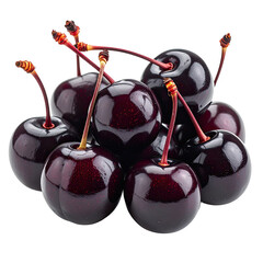 Pile of dark red cherries with stems isolated on a black background