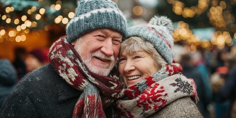 Senior couple in knitted hats and scarves snuggle smiling at snowy Christmas market with golden bokeh lights. Romantic winter holiday stroll, affectionate elderly love vibe.