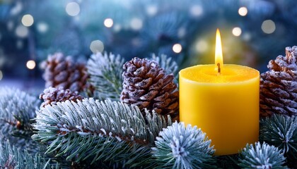 yellow candle with flame and pine cones on frosted evergreen branches burning candle
