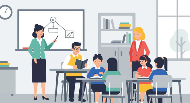 Classroom scene with teachers and students learning, whiteboard with diagram