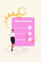 Banner 3d artwork poster collage of happy businesswoman stand gearwheel optimization purpose achievement chance promotion