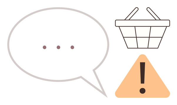Speech bubble with ellipsis, shopping basket, and triangular warning symbol with exclamation mark. Ideal for digital commerce, alerts, user interface, feedback, caution, communication simple flat