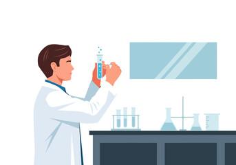 Scientist Examining Blue Liquid in Test Tube in Laboratory Setting