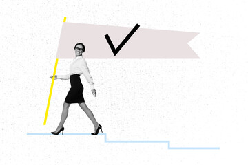 Banner image pop trendy composite collage of happy businesswoman walk flagpole checkmark approval deal development project