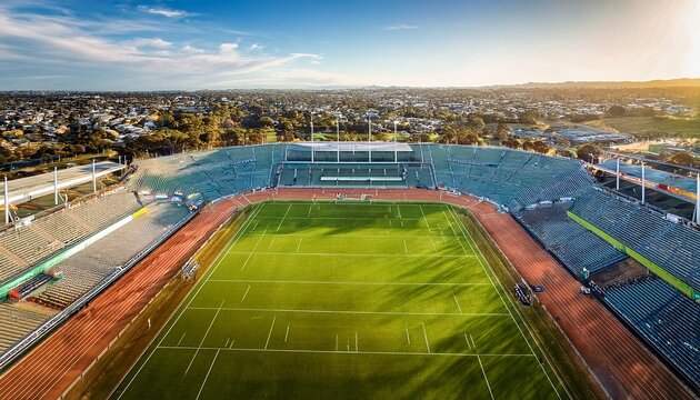 aerial view of an aussie rules football stadium on a sunny day sports australian stadium field game players