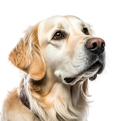Close-up of a light golden dog looking up to the left, black backdrop