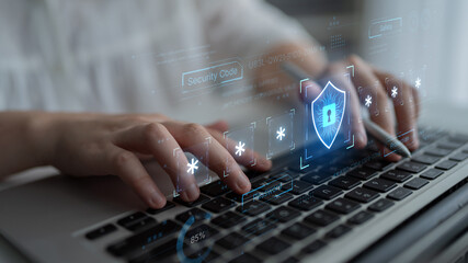A concept of an advanced cybersecurity system. The futuristic interface shows a multi-factor authentication process using a secure password or PIN for enhanced data protection. Fermion