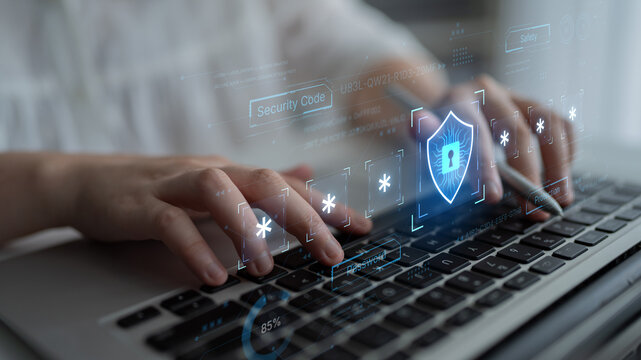 A concept of an advanced cybersecurity system. The futuristic interface shows a multi-factor authentication process using a secure password or PIN for enhanced data protection. Fermion