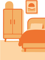 Cozy Bedroom Interior with Bed, Painting and Wardrobe , Vector Illustration
