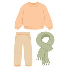 Winter Outfit Vector Illustration, Sweater, Pants and Scarf